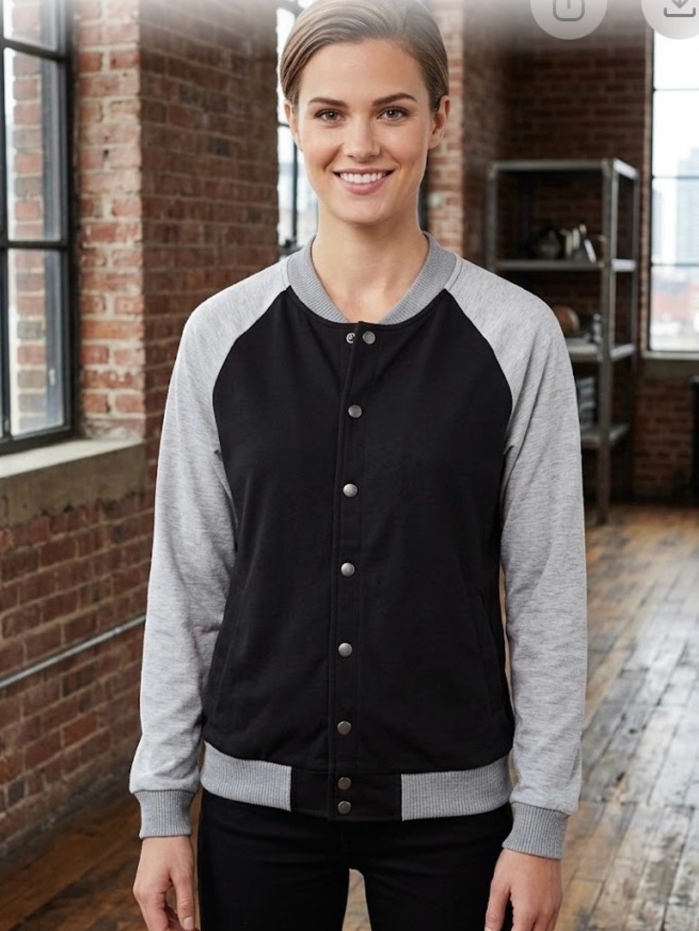 Women’s Two-Tone Snap-Front Varsity Jacket - Black & Light Gray